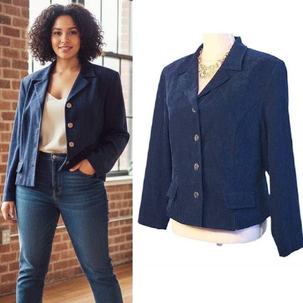 VTG‎ 90s Navy Blue Velvet Short Cropped Blazer Jacket Single Breasted Petite 14